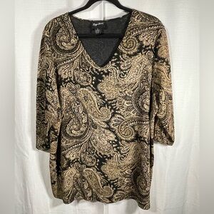 Maggie Barnes Women's Paisley 3/4 Sleeve Tunic Top 1X Black Green Beige Gold